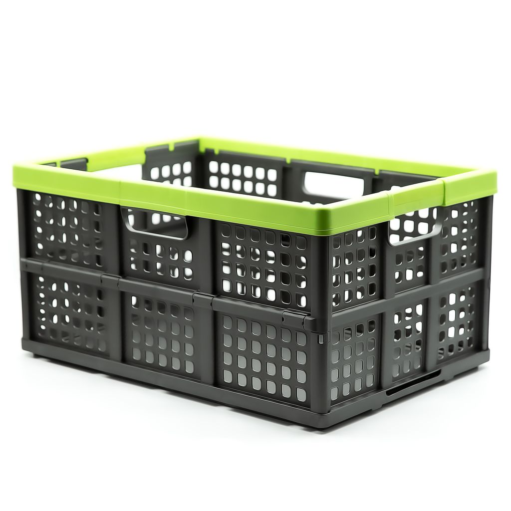 A gray folding crate with a green rim is shown against a white background.