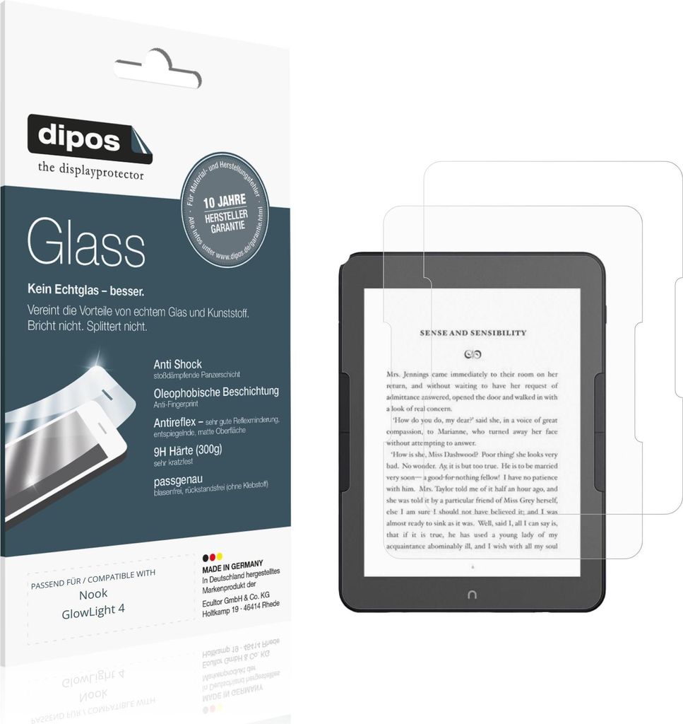 2x Schutzfolie für Nook GlowLight 4 matt - Anti-Shock 9H Folie dipos Glass Kunststoffglas