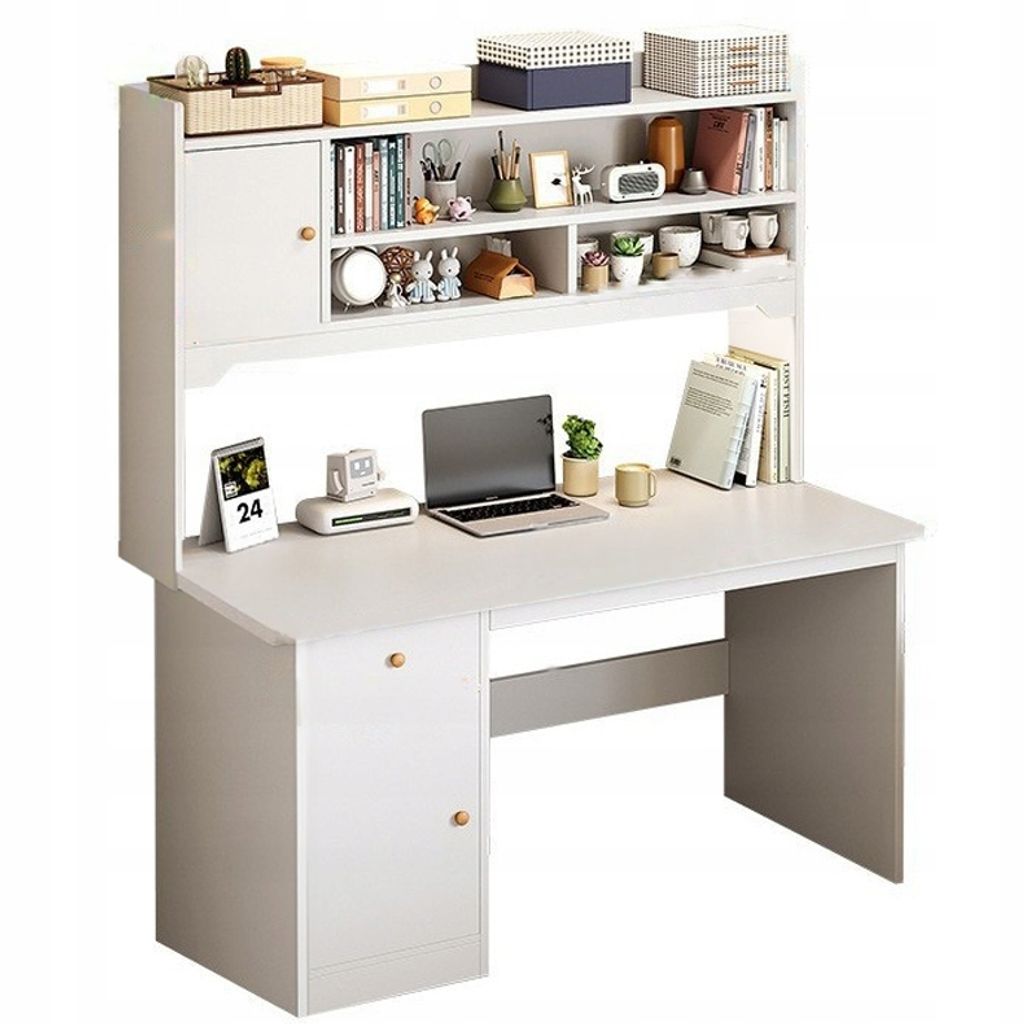 A white computer desk with shelves and a cabinet, featuring a laptop and decorative items.