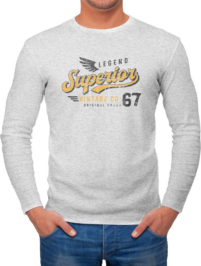 Herren Long-Sleeve Vintage Retro Motiv Schriftzug Superior Legend Flügel Langarm-Shirt Neverless grau-melange S