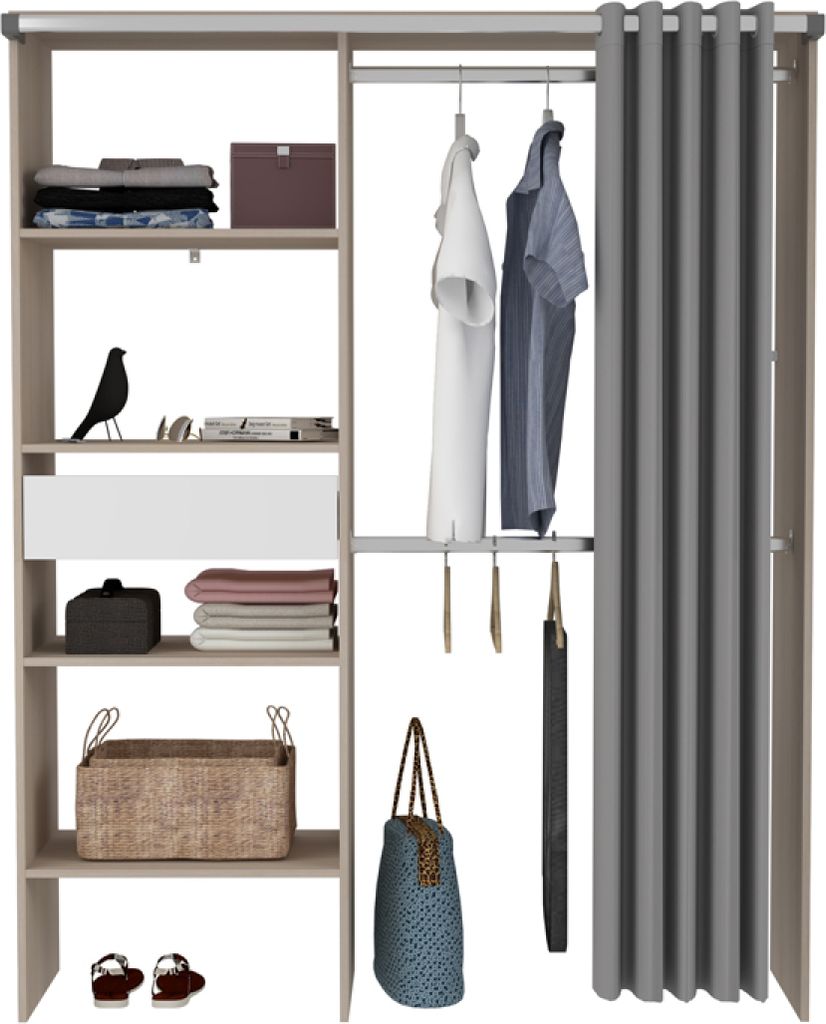 BALI Ankleidezimmer mit Vorhang, 4 Regalen, 2 Kleiderschränken und einer Schublade aus Holz und Weiß