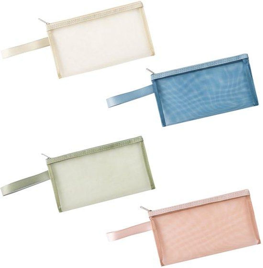 Set aus 4 transparenten Etuis, 22 x 12 cm Netzbeuteln mit 11 cm Griff, Schultaschen (marineblau/olivgrün/rot/beige)