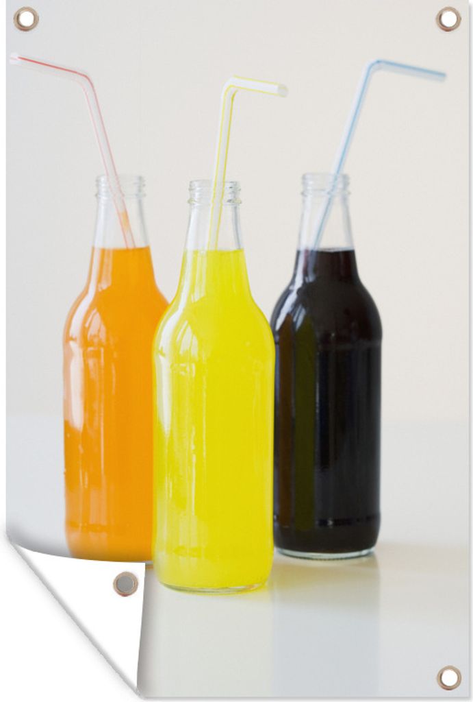 MuchoWow 40x60 cm Outdoor-Poster Gartendeko Sichtschutz Garten Poster für den Garten Softdrinkflaschen aus Glas mit Strohhalmen