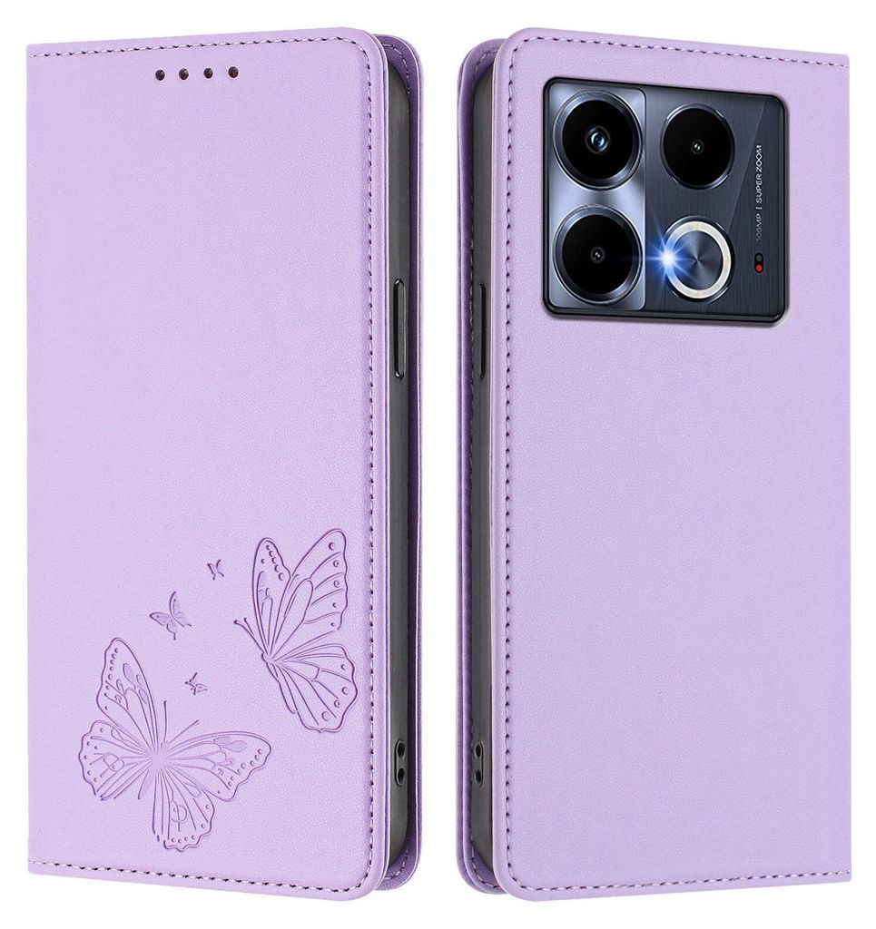 Lederhülle für Infinix Note 40 5G, Schmetterling Prägung Leder Brieftasche Schutzhülle mit Ständer Violett