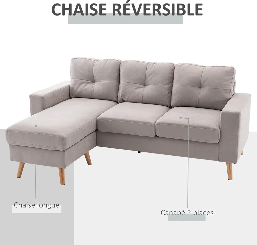 Canapé réversible 193 cm en lin gris clair avec pieds en bois massif