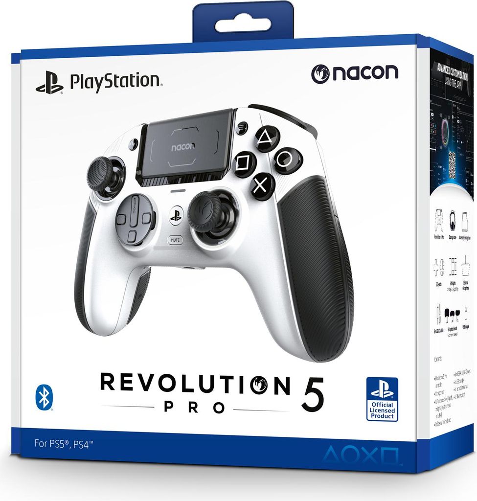 The image shows the retail packaging of a Nacon Revolution 5 Pro controller for PlayStation 5 and PlayStation 4. The controller is prominently displayed on the front of the box.