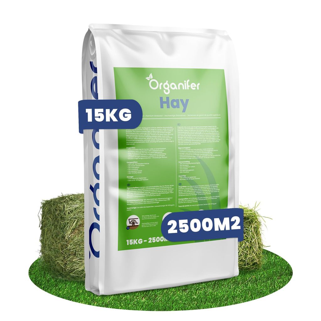 Heugras Saatgut – Grassamen für Heu & Silage – hochwertiges Futtergras für Landwirtschaft & Silage – 15 kg für 2.500 m² – Organifer