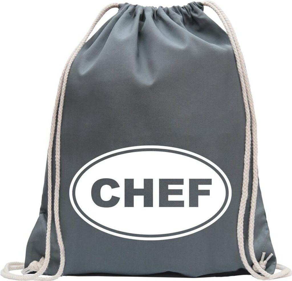 Kiwistar - Turnbeutel - stahlgrau - Chef - Fun Rucksack Sport Beutel Gymsack Baumwolle mit Ziehgurt