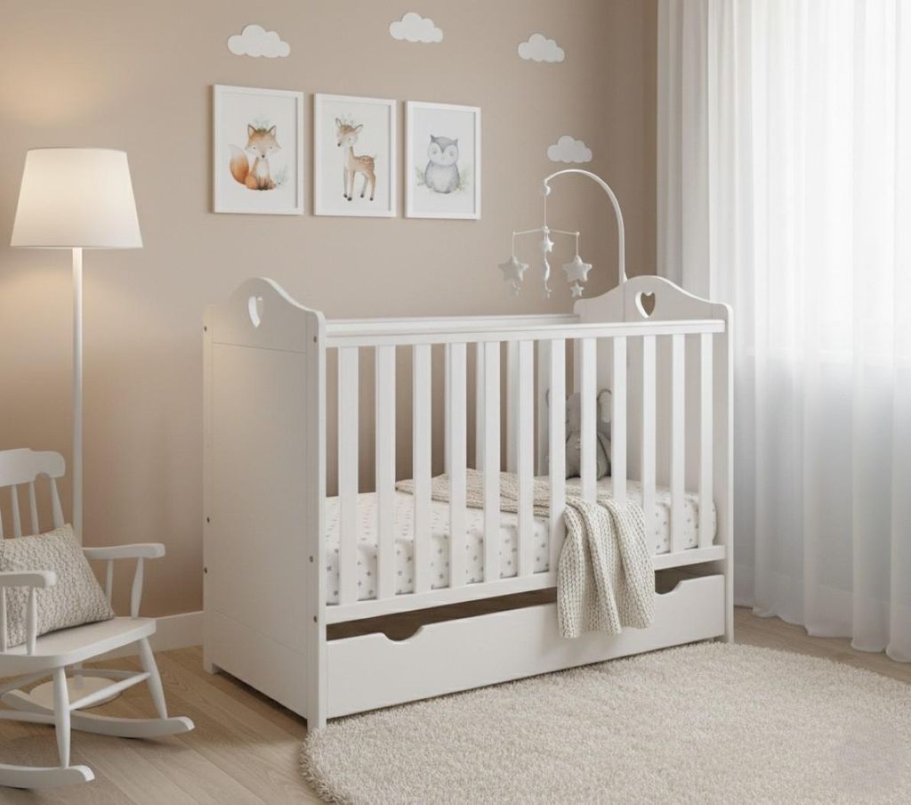 2in1 Babybett mit Matratze und Schublade 120x60cm,3 ausziehbare Sprossen, 3-stufige Verstellung , mit RausfallsKiefernholz inkl. Lattenrost