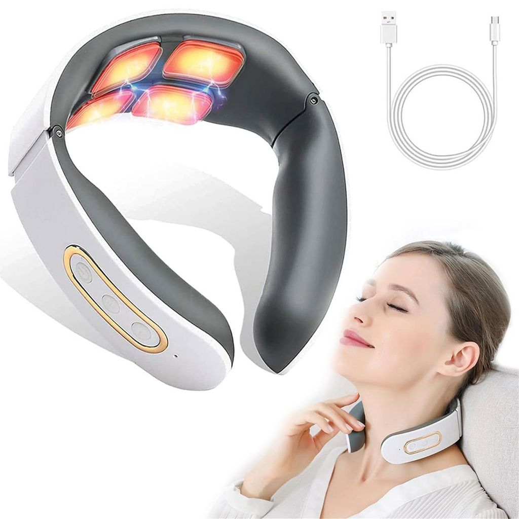 Kabelloses Nackenmassagegerät 4-Kopf Pulsmassage mit Heizfunktion, 6 Modi & 9 Intensitäten für Zuhause und Büro