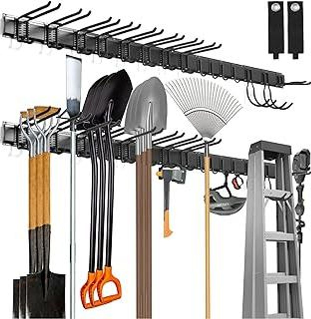 Tool Organizer Wandhalterung, 80 Zoll Garage Organizer Wandmontage, Gartenwerkzeug-Aufbewahrungsregal mit 15 Haken mit 2 Gurten für Skiausrüstung...