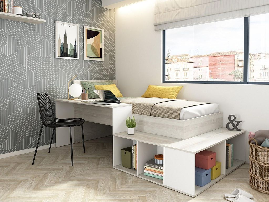 Etagenbett 90 x 200 cm mit Kommode und Schreibtisch - Natur und weiß + Rahmen + Matratze - RIGALI