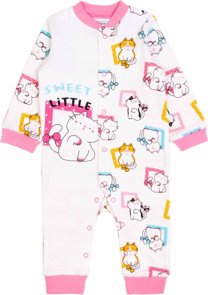 Baby Strampler – Größe 86 (12–18 Monate) – Weiß mit Kätzchen-Motiv – Komplett aufknöpfbar – 100% Baumwolle – Weich und bequem