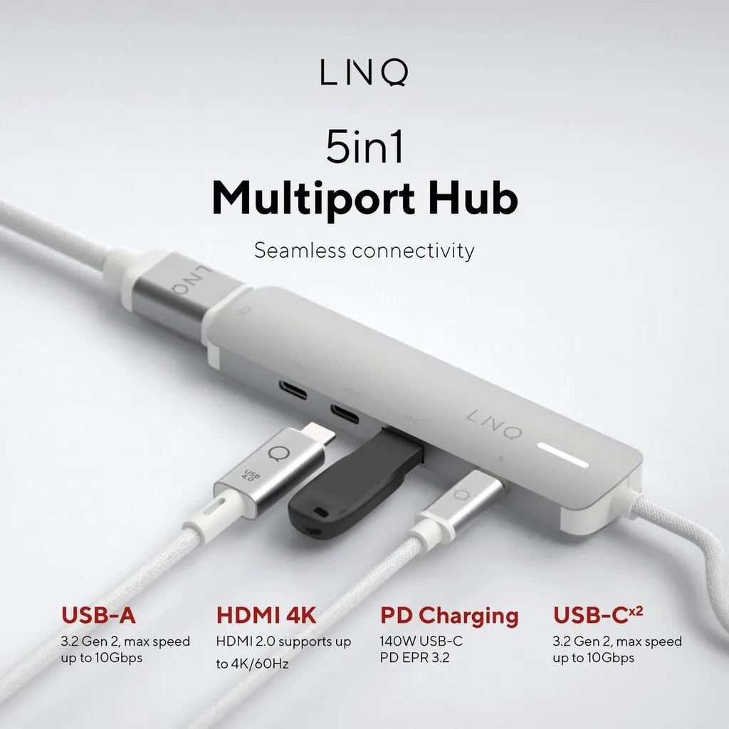 Hub USB-A 4 Ports Linq Byelements LQ49051 - Design Compact Blanc/Gris - 4
