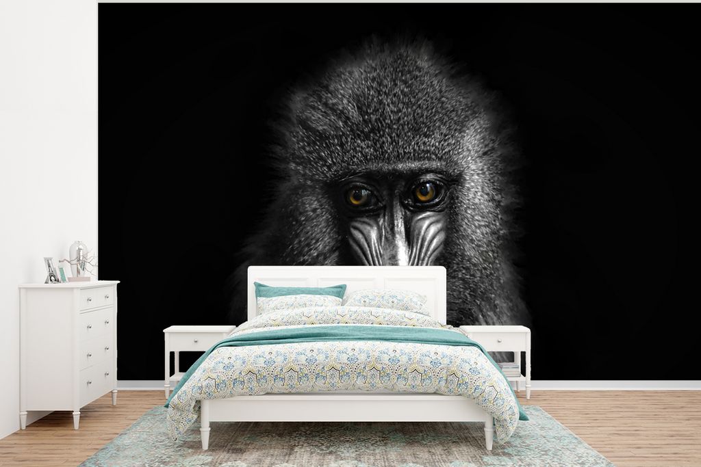 MuchoWow Fototapete für Wohnzimmer oder Schlafzimmer Wandtapete Vinyl Motivtapete Affe - Tiere - Augen - Braun - Schwarz und weiß - 375x280 cm ...