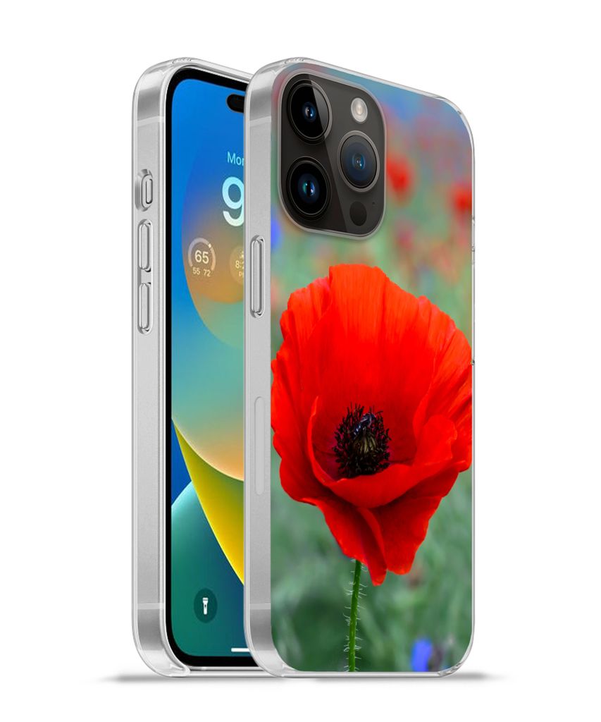 MuchoWow Handyhülle Schutzhülle Hülle für Apple iPhone 14 Pro - Softcase Lila und rote Mohnblumen auf einer Wiese Silikon Softcase Handy Hül...