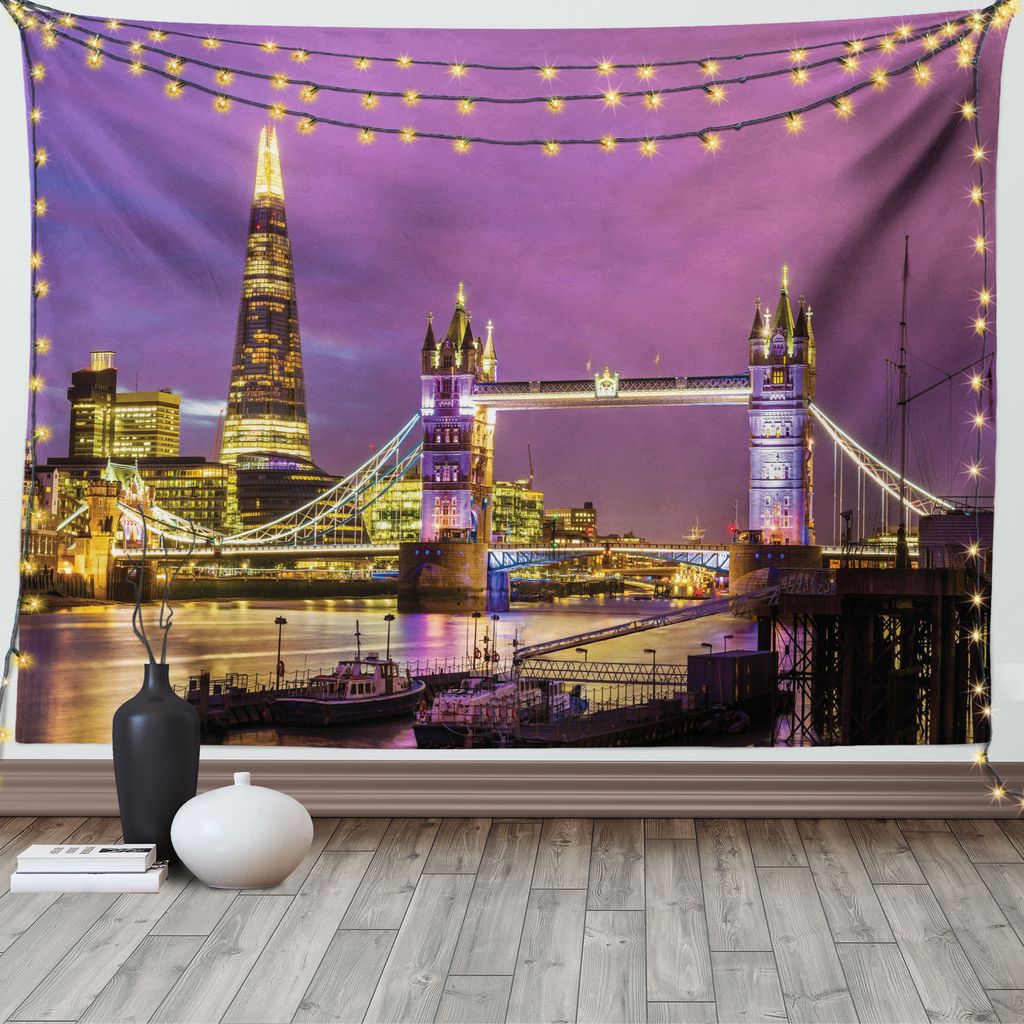 ABAKUHAUS Europa Wandteppich, Tower Bridge in London, Wohnzimmer Schlafzimmer Heim Seidiges Satin Wandteppich, 200 x 150 cm, Lila Gelb