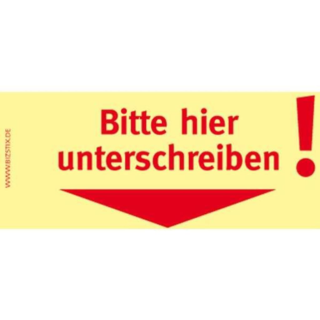 BIZSTIX Haftnotizen gelb, 75 x 35 mm, "Bitte hier unterschreiben, Pfeil nach unten", 100 Blatt pro Block