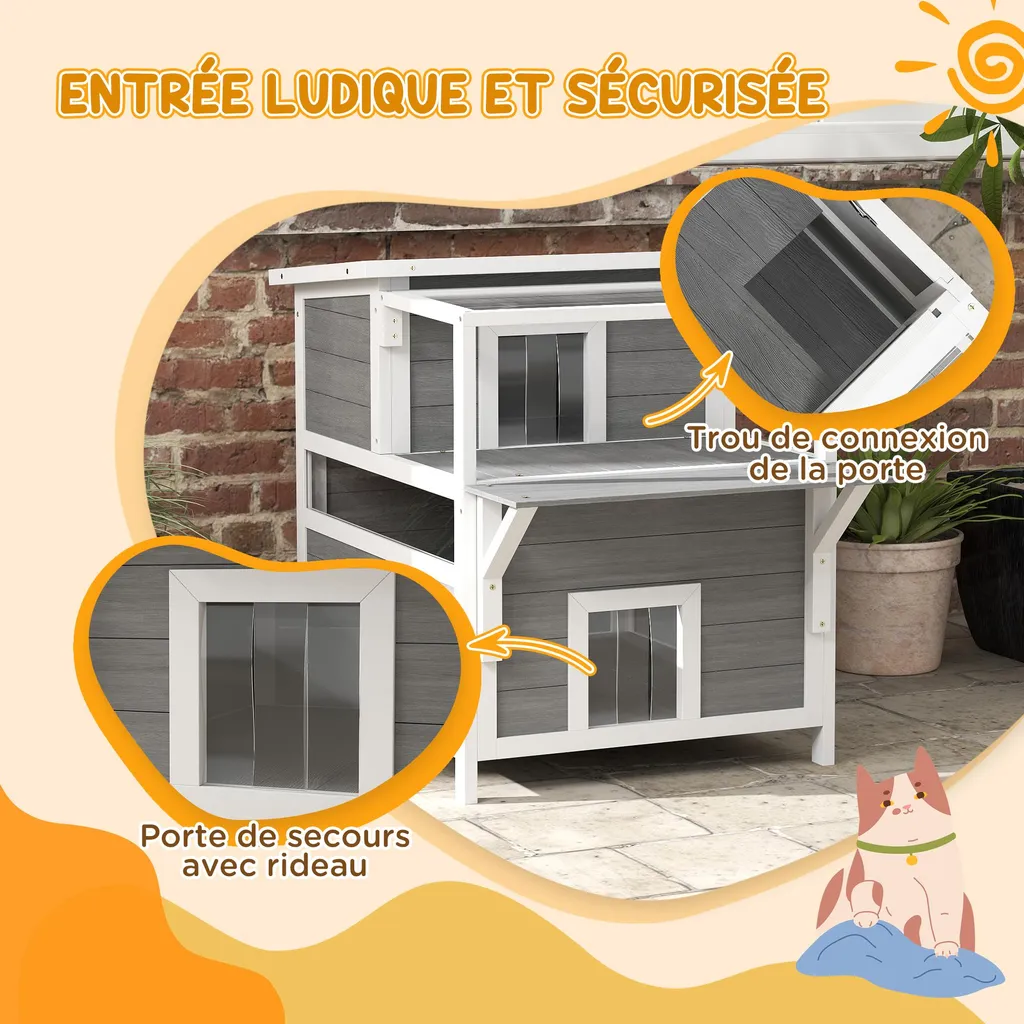 Cabane chat PawHut résistante intempéries bois gris toit ouvrant - 7