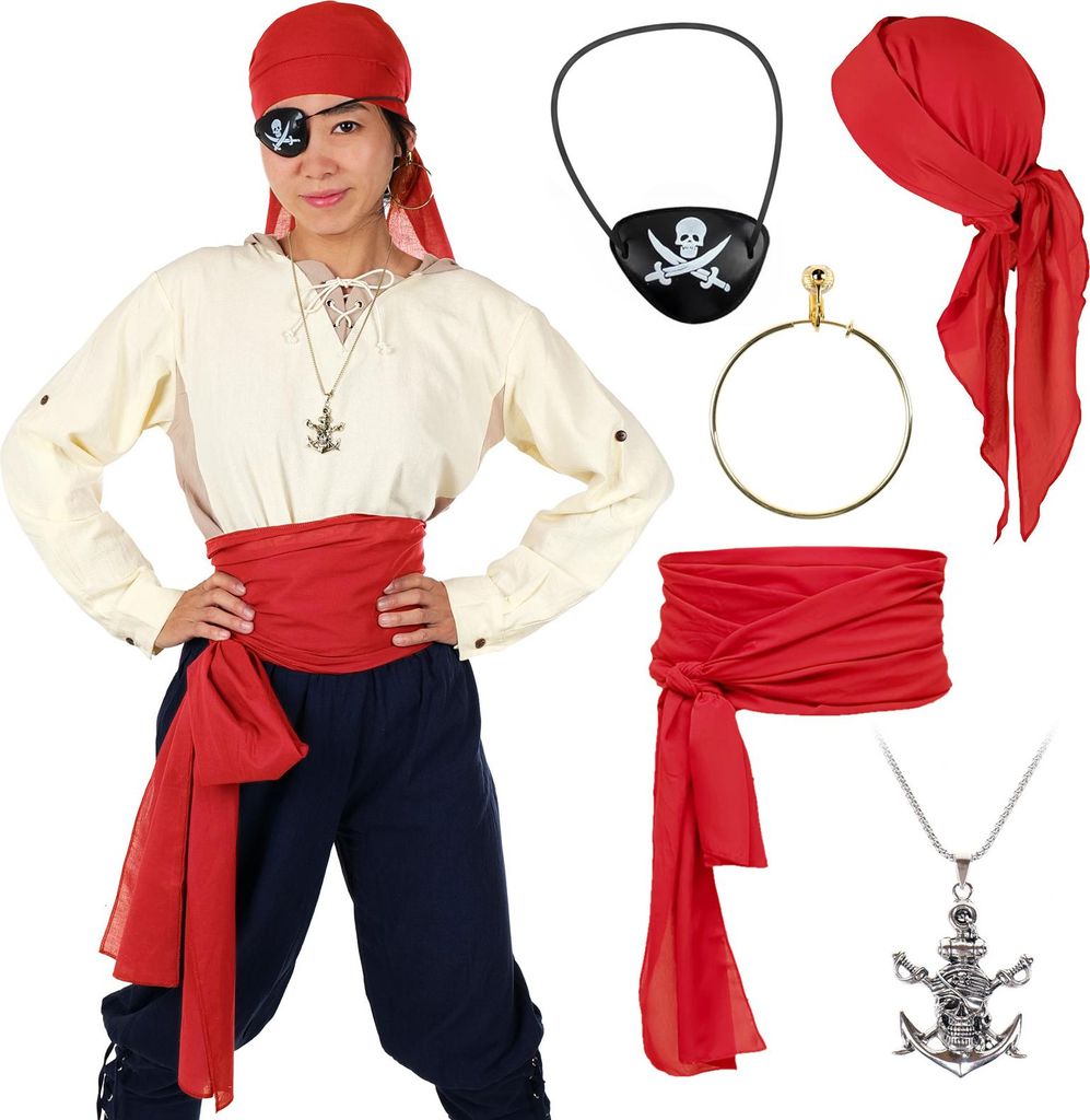 Piraten Kostüm Set mit Kopftuch, Schärpe, Augenklappe, Ohrring & Kette | Rot