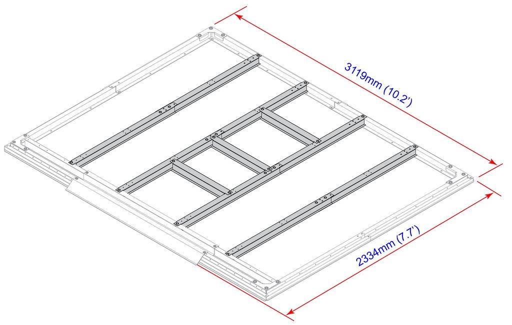 An isometric view of a metal substructure for a floor frame, with dimensions indicated.