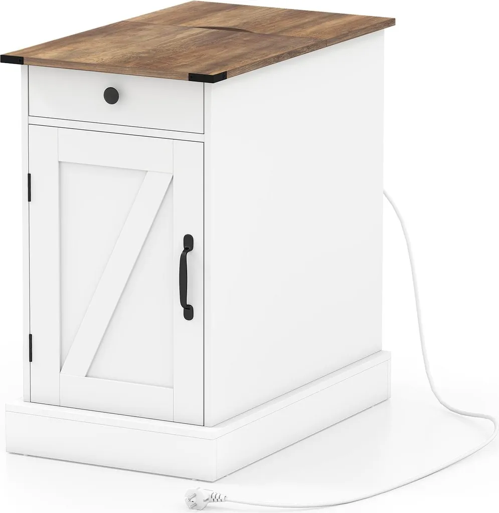Table de Nuit avec Prises USB et Rangement à Plateau Relevable Blanc