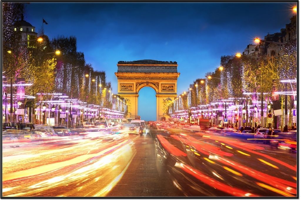 Wallario Wandbild Arc de triomphe in Paris bei Nacht, Größe: 61 x 91,50 cm, Poster mit schwarzem Aluminiumrahmen