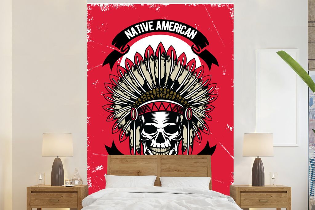 MuchoWow Fototapete für Wohnzimmer oder Schlafzimmer Wandtapete Vinyl Motivtapete Totenkopf - Indianerwappen - Retro - Zeichnung - 200x300 cm - ...