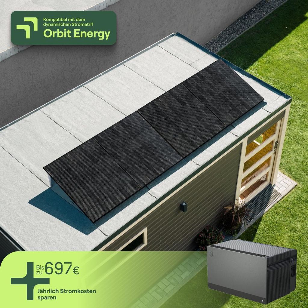 Balkonkraftwerk für Flachdach mit 2 Modulen & Speicher Avocado Orbit M (2,11 kWh) - 5m Anschlusskabel - priFlat Duo