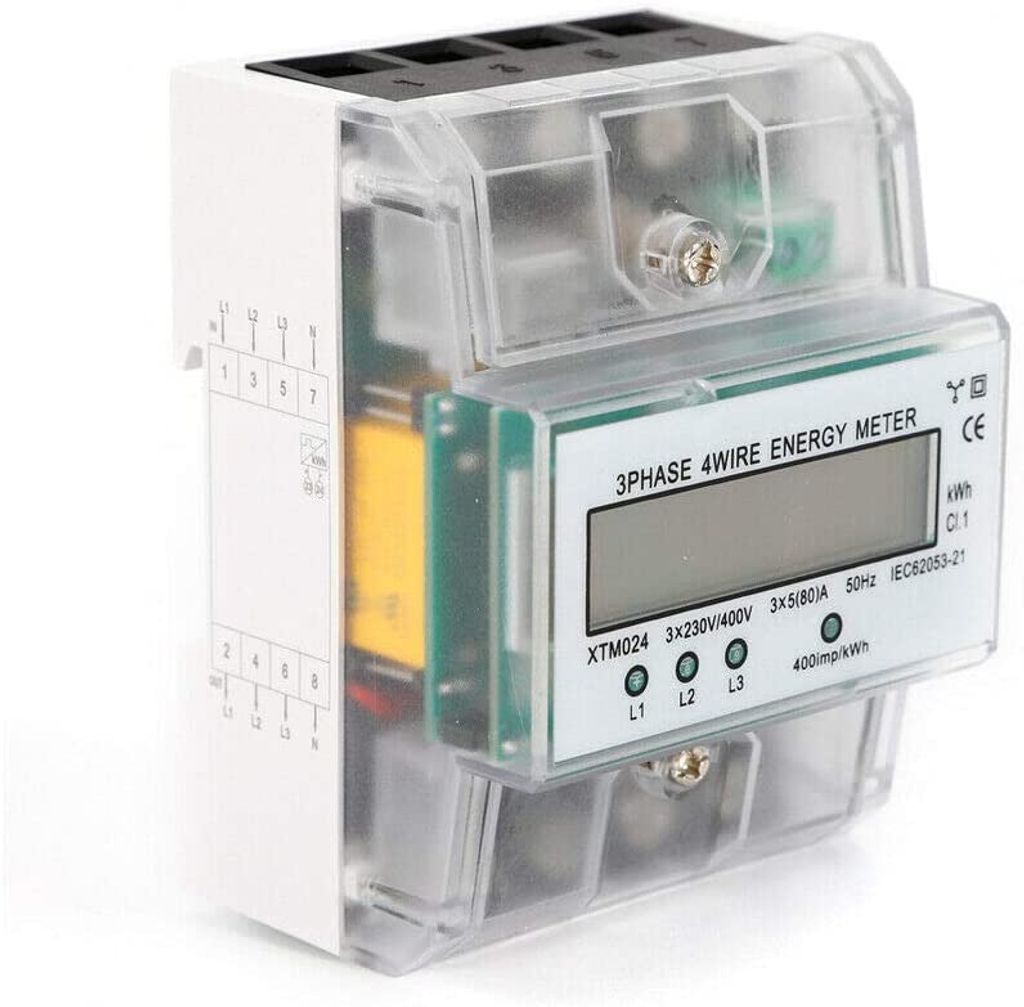 Digitaler 3-Phasen Stromzähler HaroldDol Drehstromzähler Vierdrahtzähler 230V/400V 100A mit LCD-Display für DIN Hutschiene