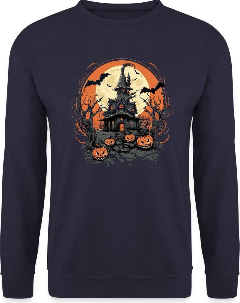 Spreadshirt Halloween Spukhaus Mit Kürbissen Und Vollmond Uni Pullover, XL, Navy