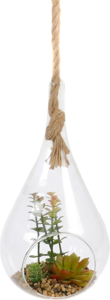 Sukkulenten im Glas mit gekordeltem Seil zum Aufhängen, künstliche Sukkulenten im Glastropfen, Kunstpflanzen auf Kiesbett, Höhe ohne Seil 30 cm,...
