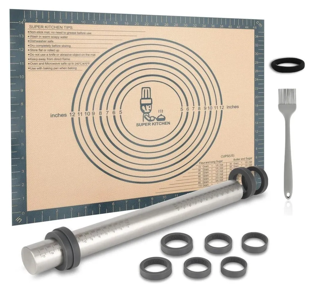 Rullo per pasta in acciaio inox con anelli regolabili in spessore e tappetino da forno in silicone 50x40cm