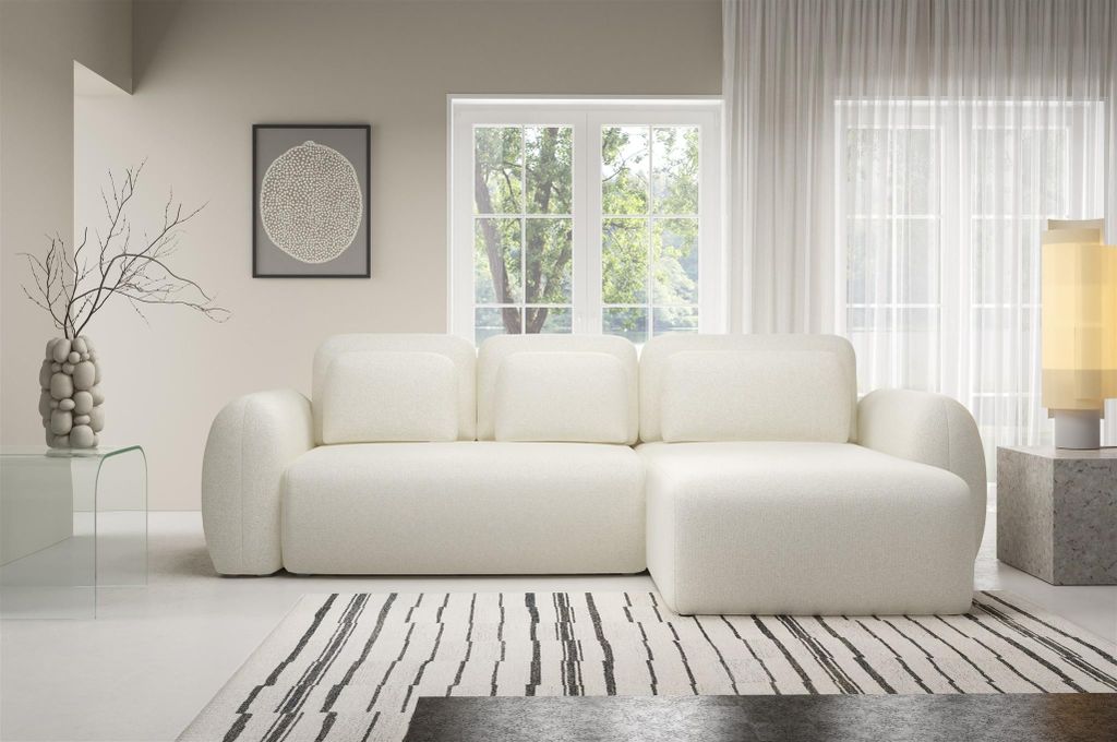 Ecksofa Schlafsofa Sofa GASTON in Stoff Puente Ecru Ottomane Rechts