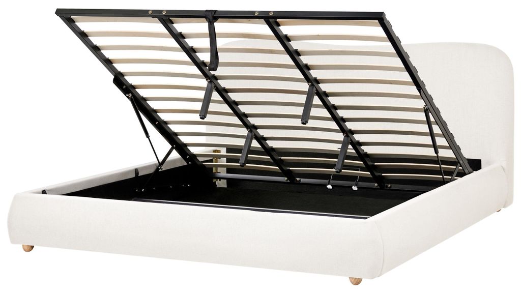 BELIANI Bett mit Bettkasten Cremeweiß Stoff Gepolstert 180 x 200 cm Lattenrost Hochklappbar Hohes Kopfteil Modern Schlicht Schlafzimmer Polsterbett