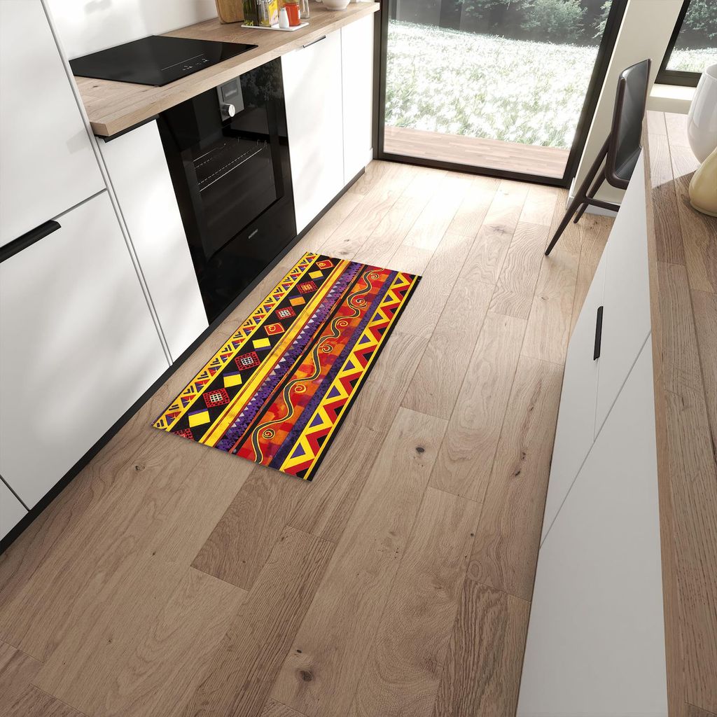 Küchenteppich 60x120cm rutschfest & abwischbar PVC Läufer - Ethno Muster Schwarz Rot