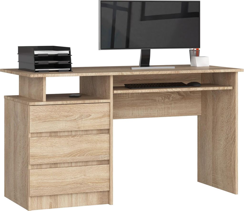 Schreibtisch CLP 135 cm Eiche Sonoma Elegant und Praktisch mit 3 Schubladen und Ausziehbarer Tastaturablage