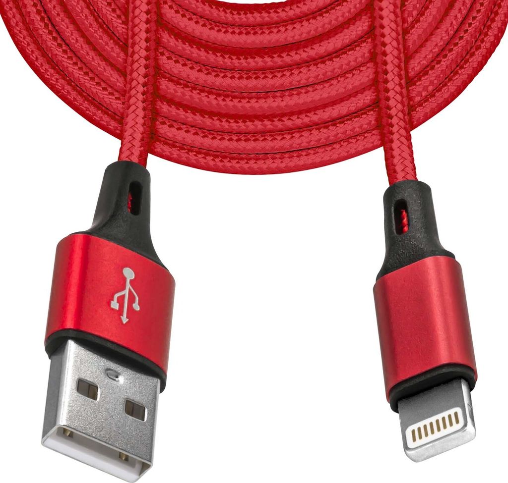 Mobilefox 3m Universal Schnell Lade Daten Kabel Nylon Stecker Rot passend für iPhone iPad iPod