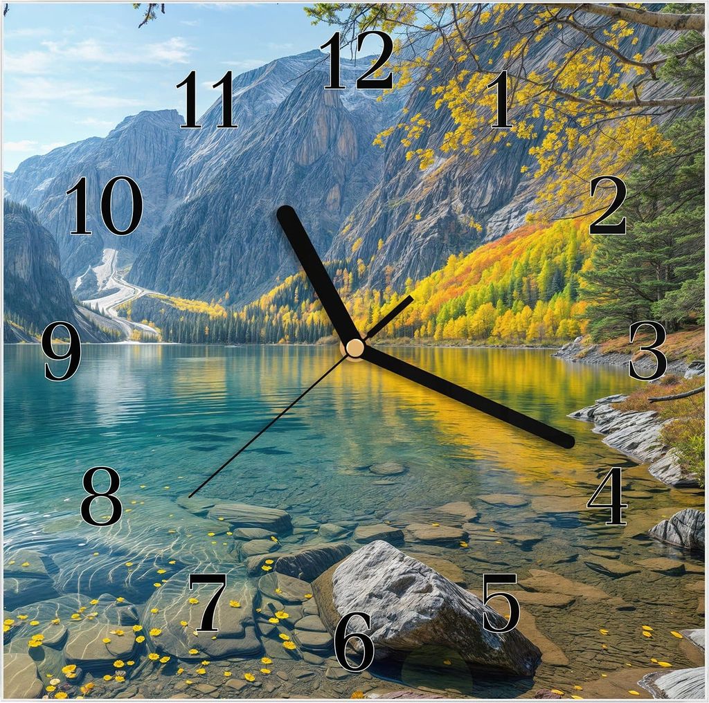 Wanduhr aus Glas mit Motiv Bergsee im Herbst- 30 x 30 cm - inkl. Aufhängesystem