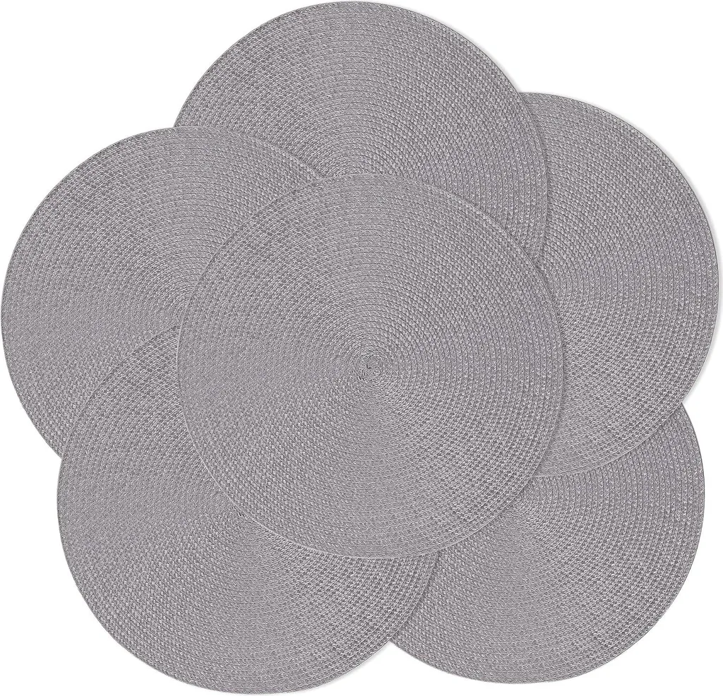 Lot de 6 sets de table gris tissés à la main 38 cm ronds et lavables
