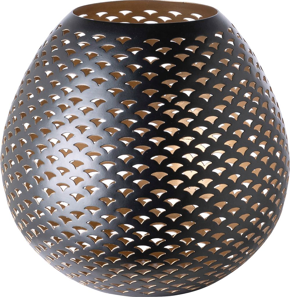 Fink PALERA, Windlicht ohne Glas, Eisen, pulverbeschichtet, matt, schwarz, goldfarben, L. 24 cm, B. 24 cm, H. 22 cm, D. 24 cm 146358