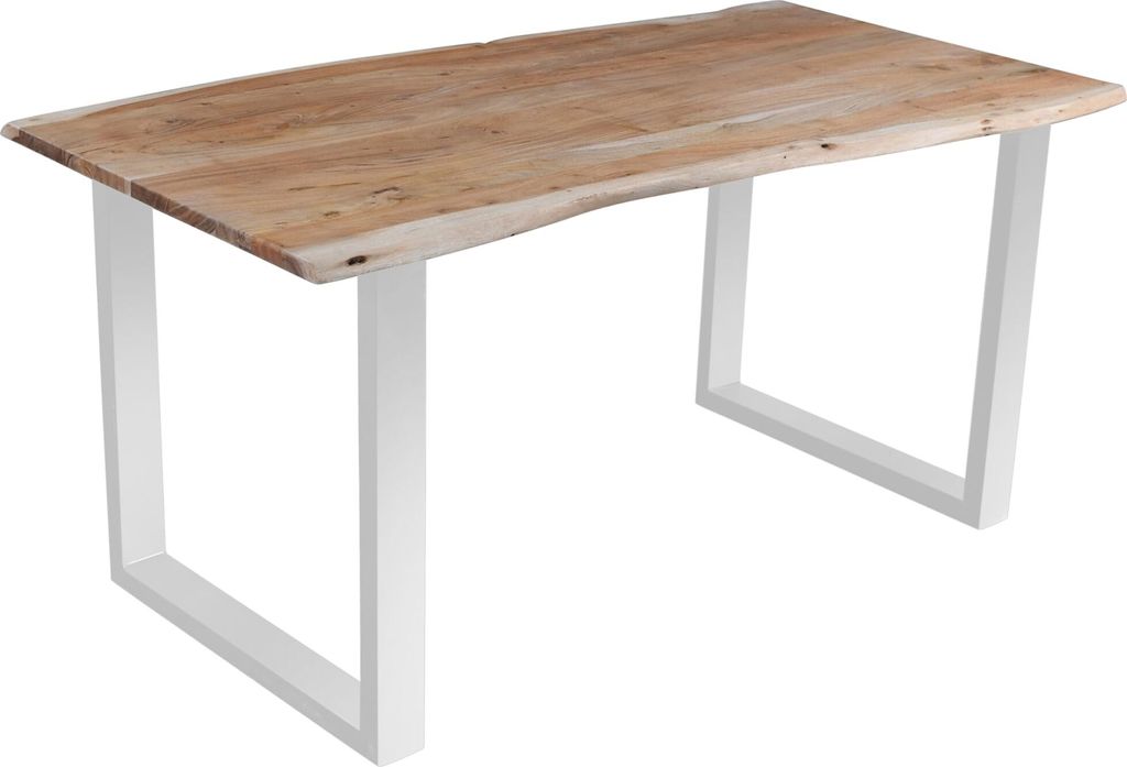 Esszimmertisch 180x90 cm Mephisto, echte Baumkante, eichefarben, massiver Esstisch aus Akazienholz, Metallbeine Silber, Baumkantentisch