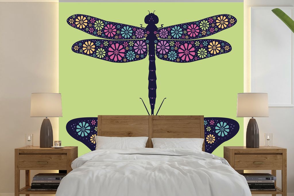 MuchoWow Fototapete für Wohnzimmer oder Schlafzimmer Wandtapete Vinyl Motivtapete Eine Illustration einer Libelle und eines Schmetterlings - 220...