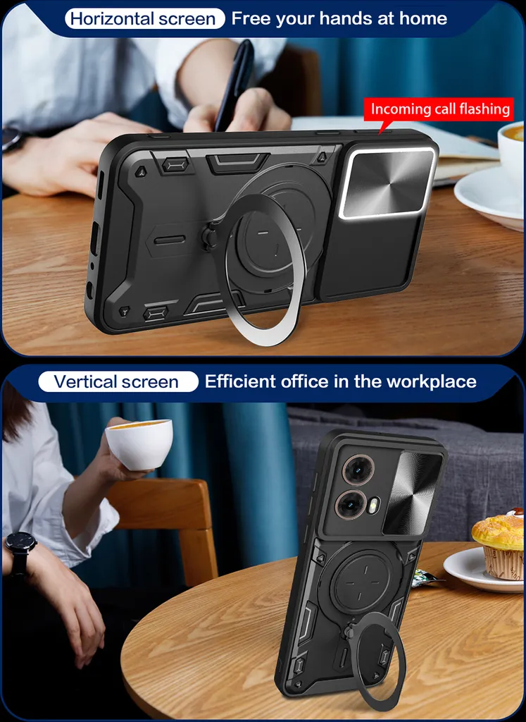 WBWONE Cover per Motorola Moto G85 5G, TPU/PC Antiurto Protettiva Custodia con 360° Girevole Anello e Copertura Della Fotocamera Scorrevole, Nero
