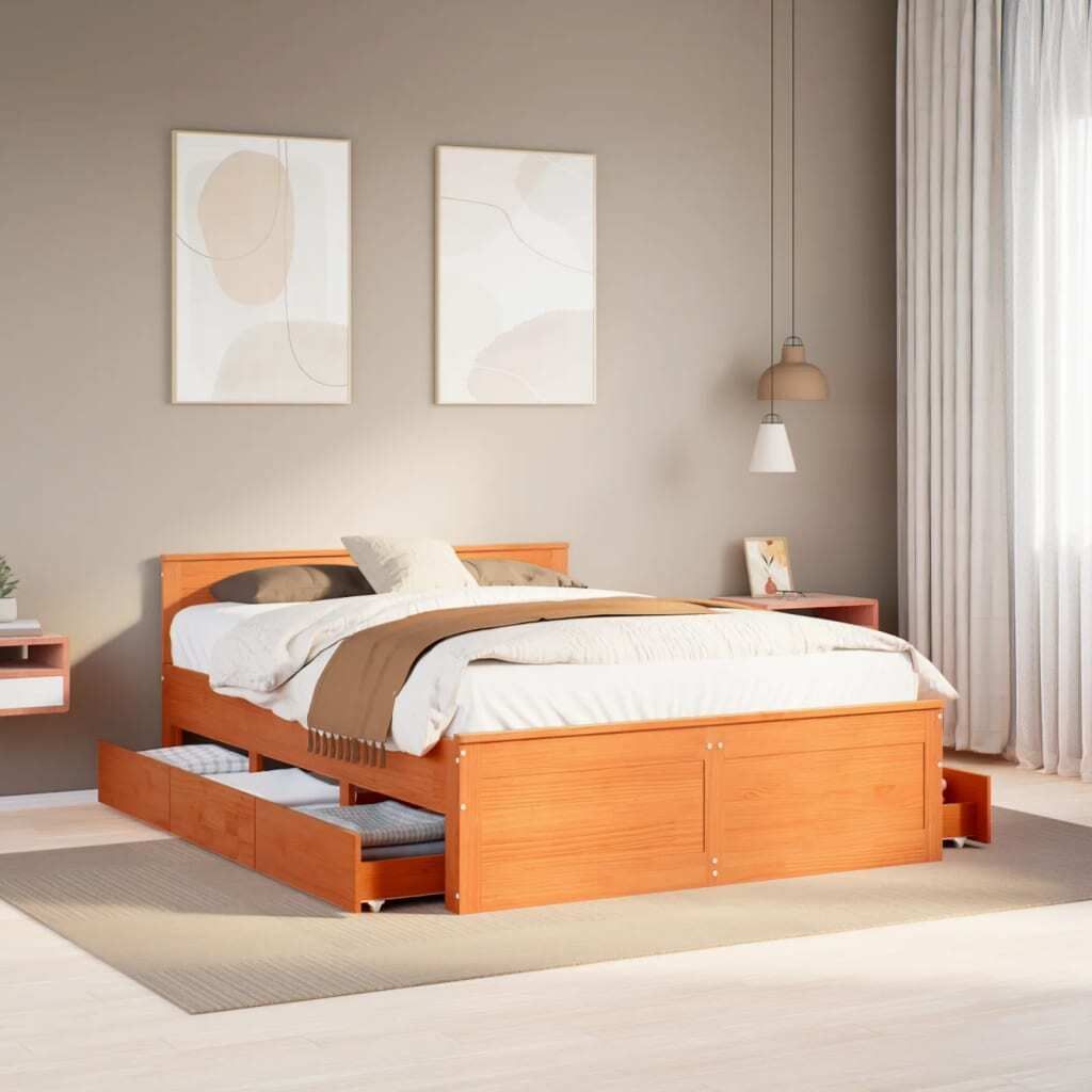 (NEU 2026) Massivholzbett/Bettrahmen, ohne Matratze, mit Kopfteil, Braun 140x200 cm - Klassische Betten - 51.4 kg