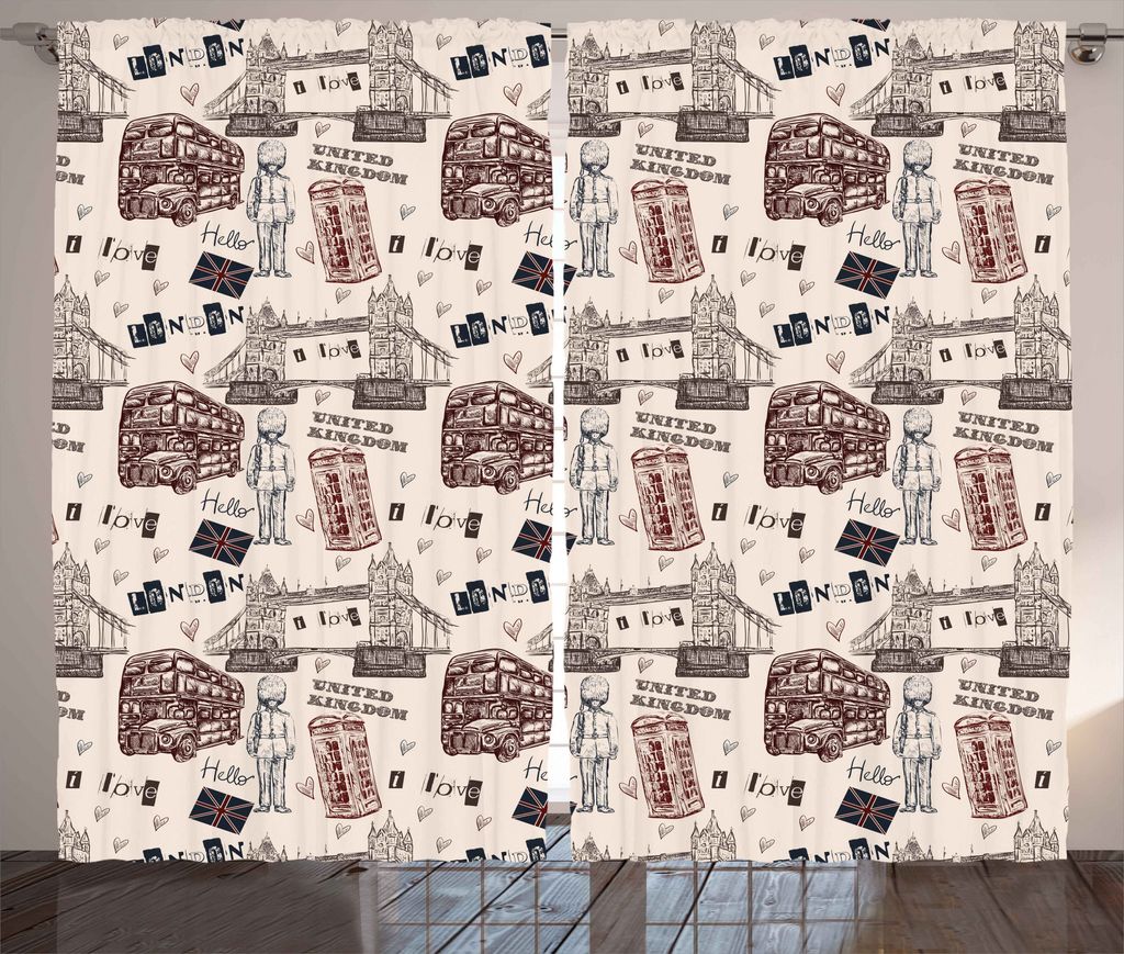 ABAKUHAUS Modern Rustikaler Gardine, Stadt UK Sehenswürdigkeiten, Schlafzimmer Kräuselband Vorhang mit Schlaufen und Haken, 280 x 225 cm, Kastani...