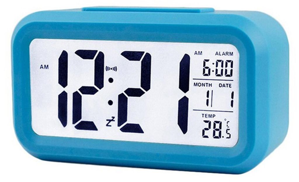 A blue digital alarm clock displaying the time, date, and temperature.