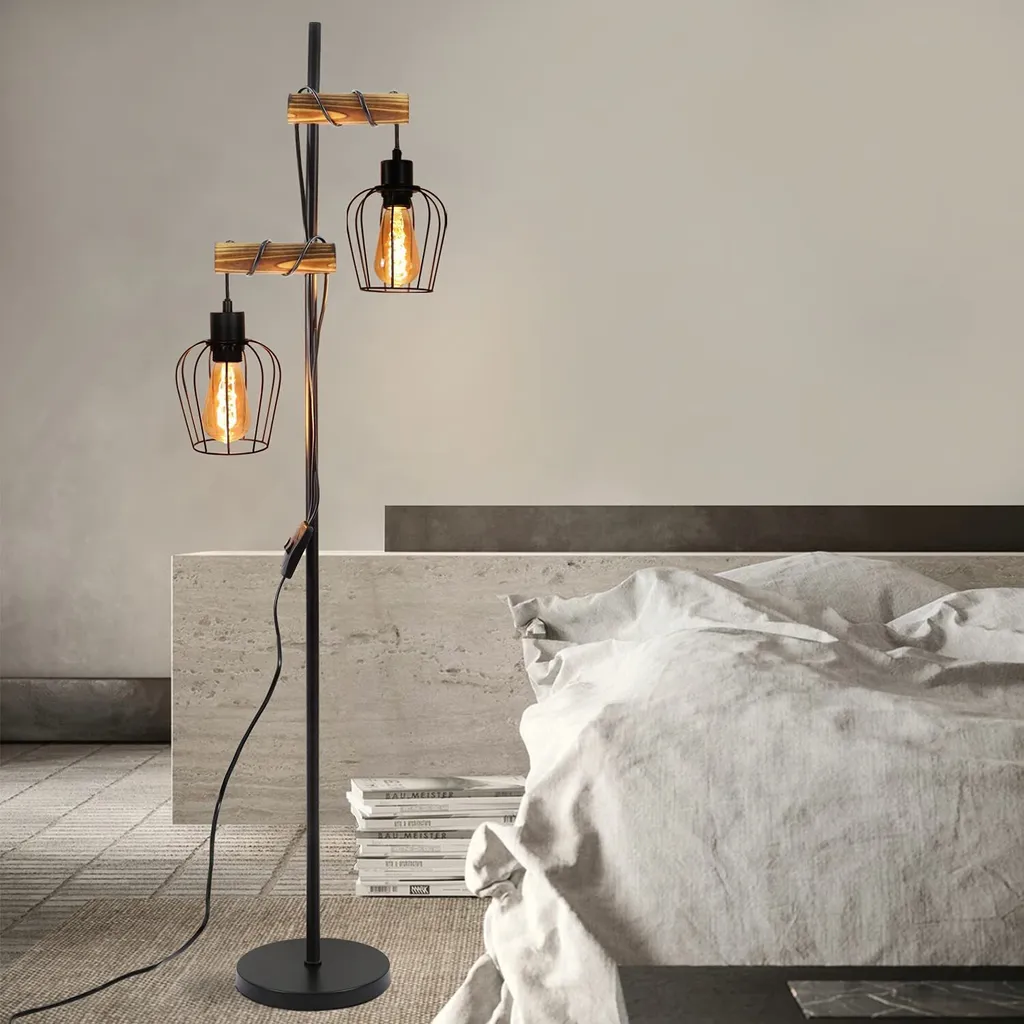 Lampadaire Bois Noir 2 Lampes E27 - Solution Éclairage Rétro pour Grand Salon - 8