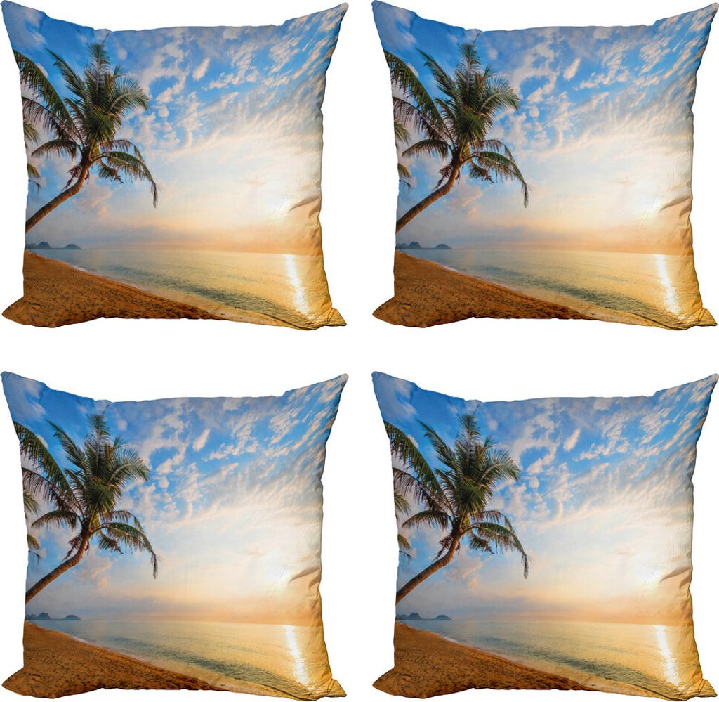ABAKUHAUS Hawaii Kissenbezug Set (4 Stück), Exotische Sandy Beach Palme, Moderner Doppelseitiger Digitaldruck, 45 cm x 45 cm, Mehrfarbig