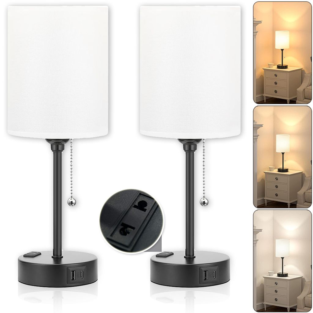 2x Dimmbare Nachttischlampe Led Weiß, Modern Kleine USB Tischlampe Mit Kabel, E27 3 Modi Bedside Lamp für Nachttisch Bett Schlafzimmer Wohnzimmer